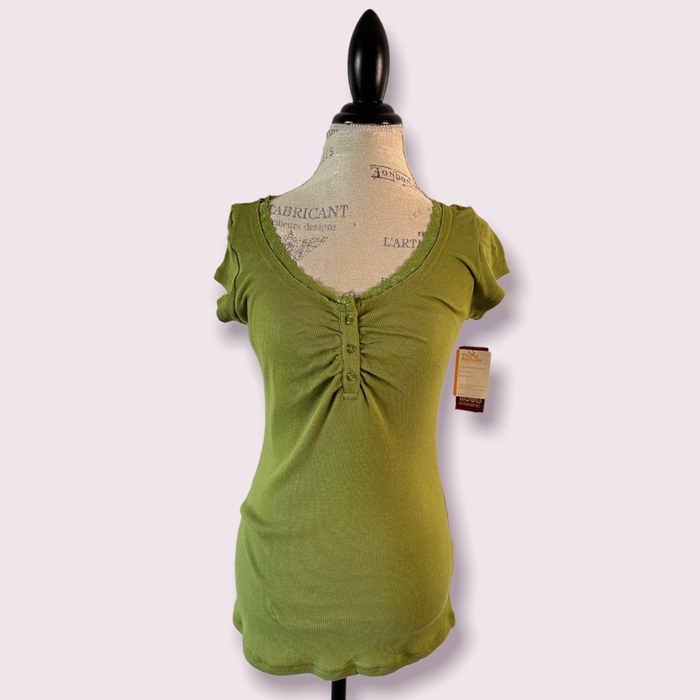 NWT Y2K Green Lace V-Neck Short Sleeve Tee Extra Large